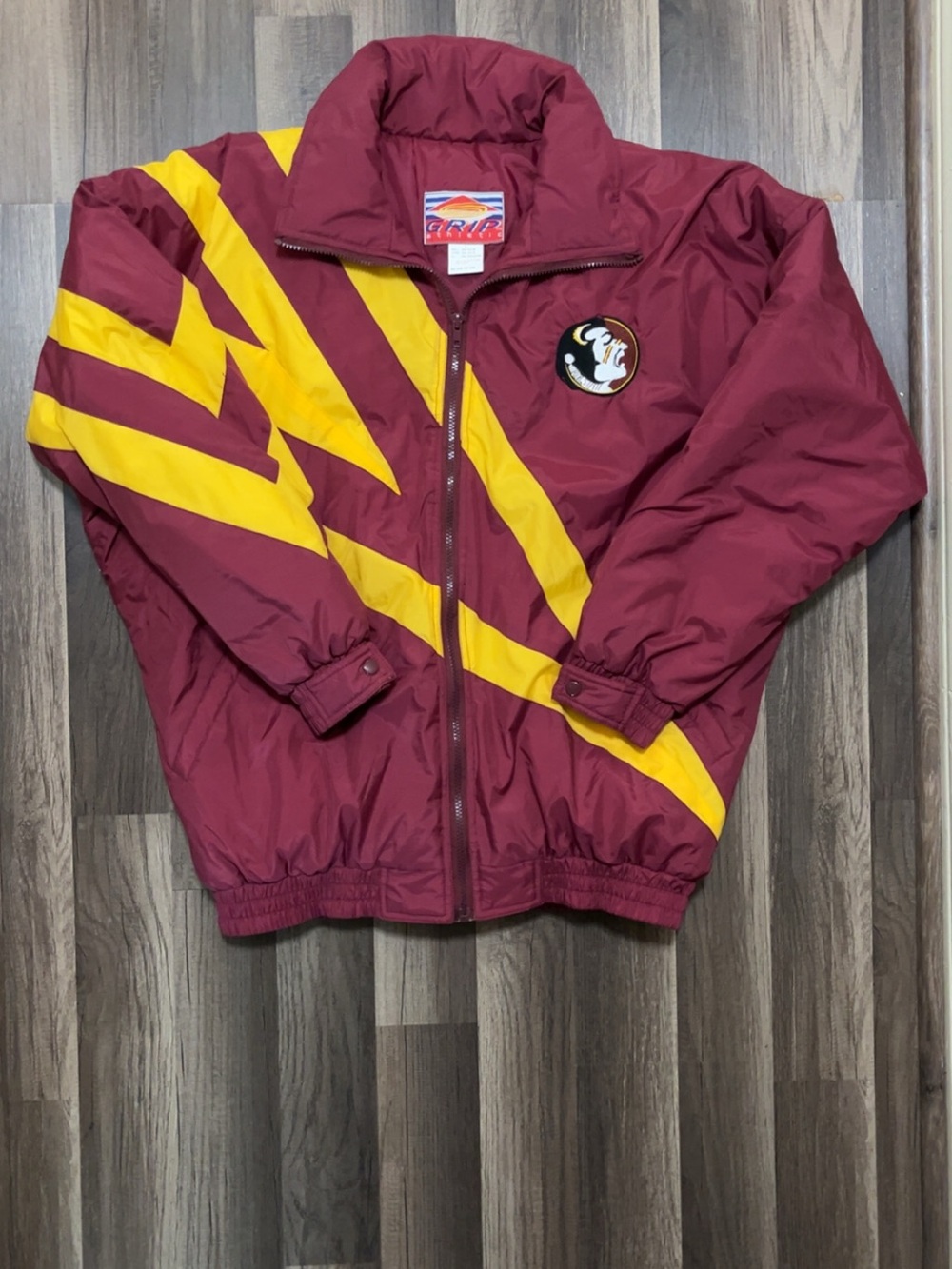 Vintage 90s GRIP Florida State University Football Puffer Jacket Mens L Red